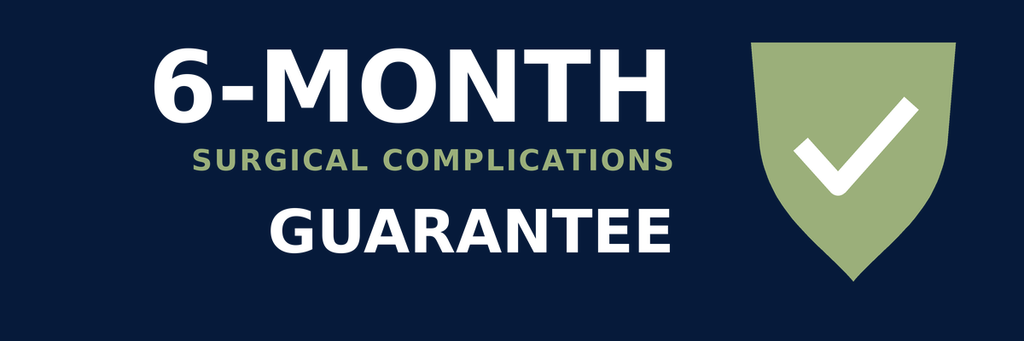Image shows a sage green shield on a navy background, with a white tick on the front of the shield.   The words '6-Month Surgical Complications guarantee' are on the left hand side of the shield.