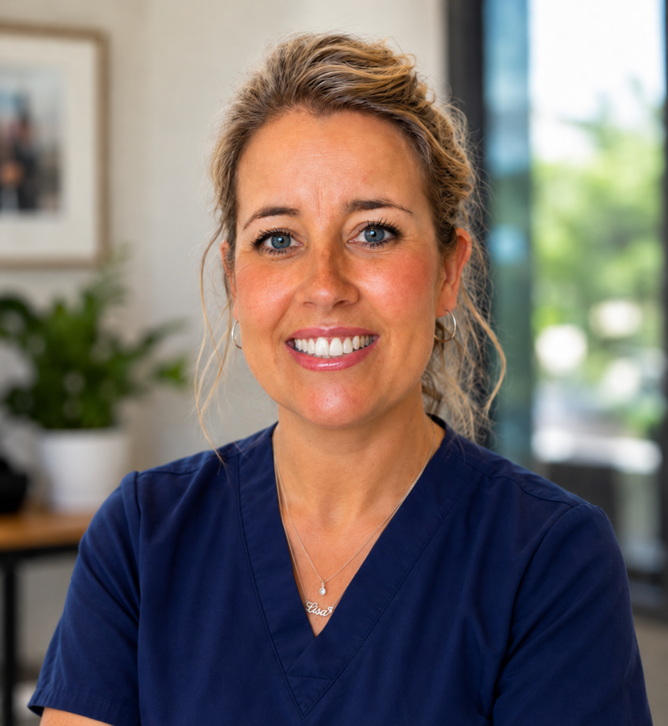 Image shows veterinary surgeon Lisa Flood, wearing a navy scrub top and smiling.